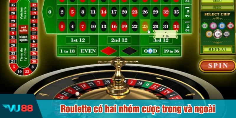 Roulette có hai nhóm cược trong và ngoài